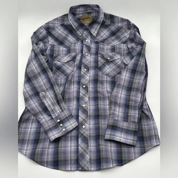 WRANGLER Pearl Snap Western Shirt Long Sleeve Men's Size Large Purple Plaid - Picture 3 of 7
